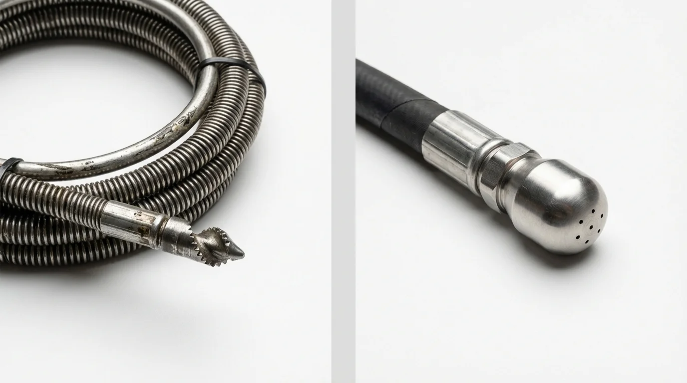 Drain snake cable and hydro jetting nozzle used for drain cleaning in Athens, OH