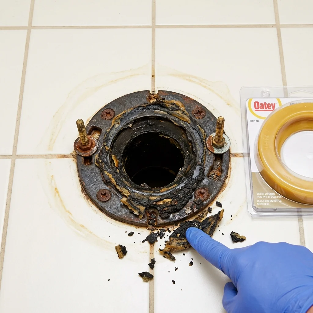 Failed wax ring showing water seepage at the base of a toilet in a Athens, OH home